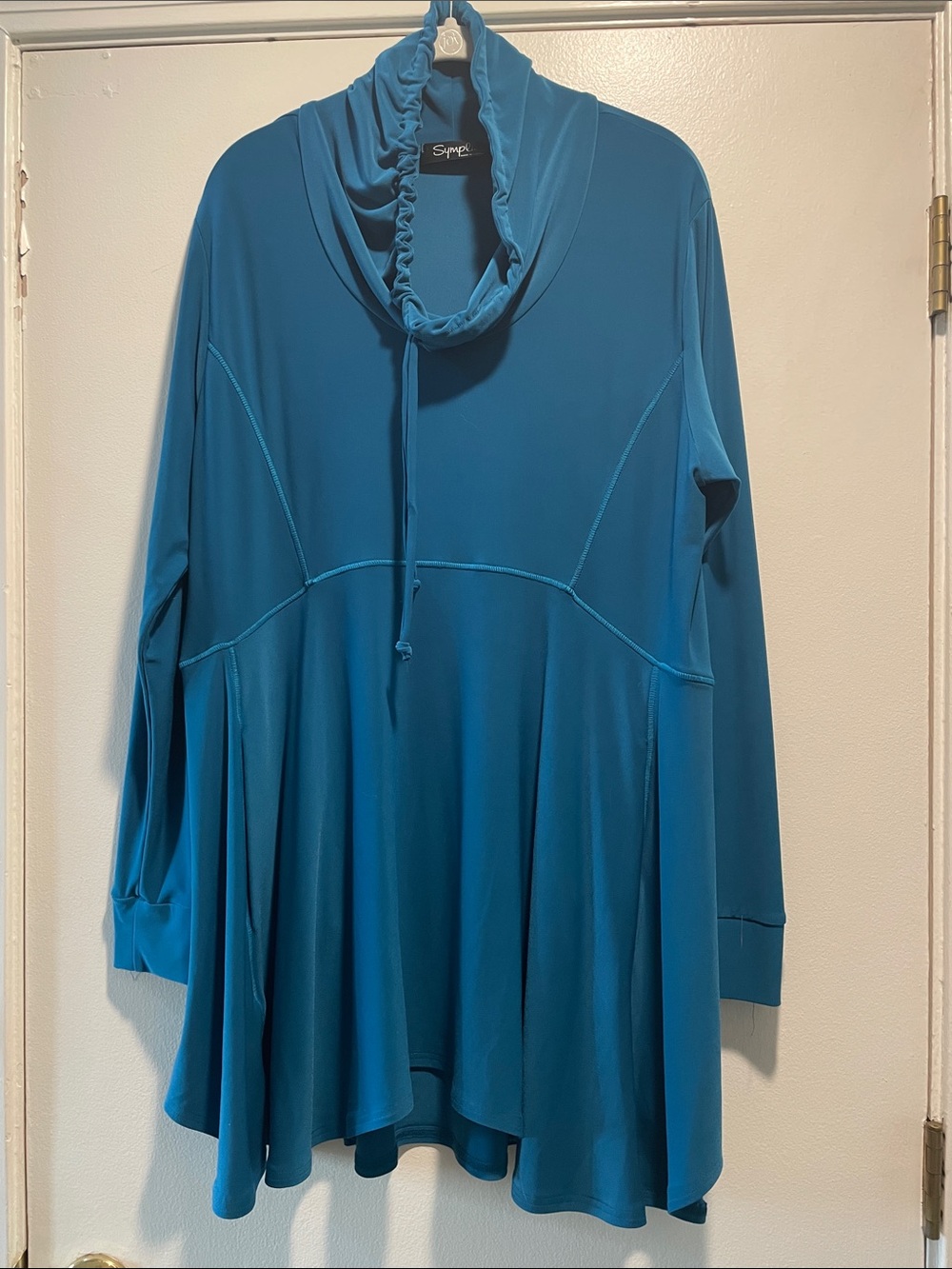 Sympli Canada Women's Plus Size 16 Teal Slouchy Cowl Neck Drawstring Tunic Top